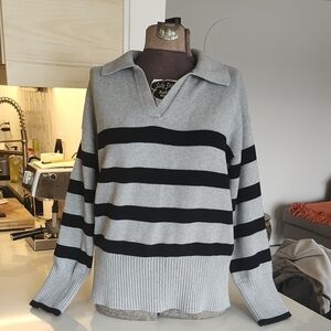 Gray and Black V-Neck Striped Sweater